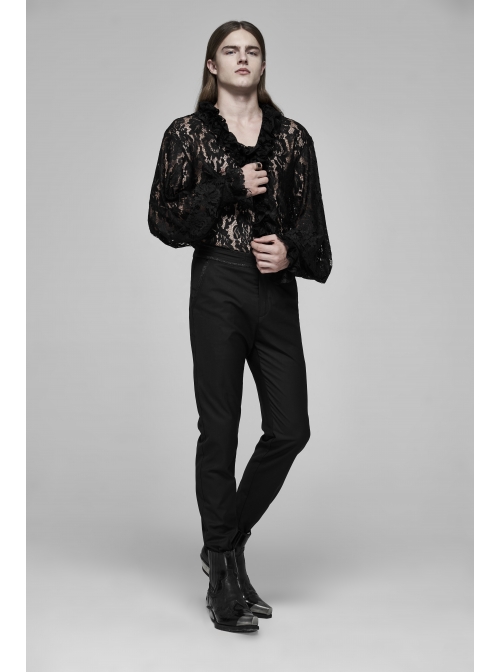 V-Neck Frill Collar Bubble Sleeve Flounce Cuff Black Gothic Transparent Lace Shirt