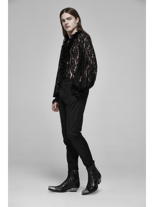 V-Neck Frill Collar Bubble Sleeve Flounce Cuff Black Gothic Transparent Lace Shirt