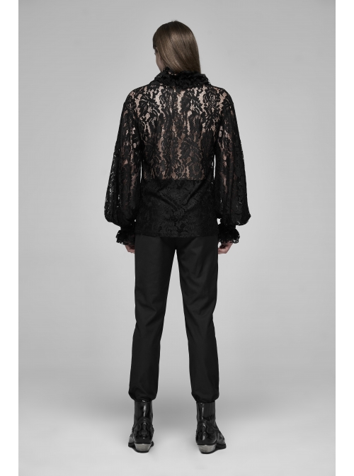 V-Neck Frill Collar Bubble Sleeve Flounce Cuff Black Gothic Transparent Lace Shirt
