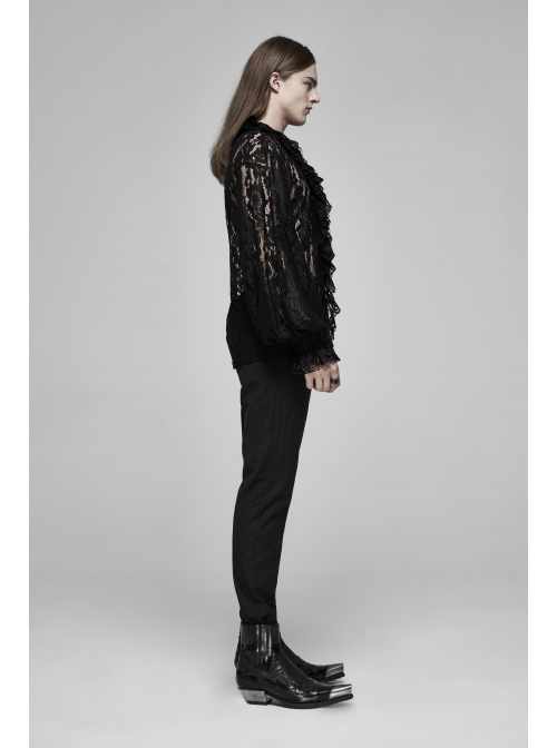 V-Neck Frill Collar Bubble Sleeve Flounce Cuff Black Gothic Transparent Lace Shirt