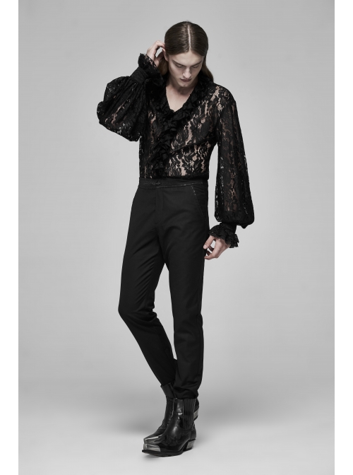 V-Neck Frill Collar Bubble Sleeve Flounce Cuff Black Gothic Transparent Lace Shirt
