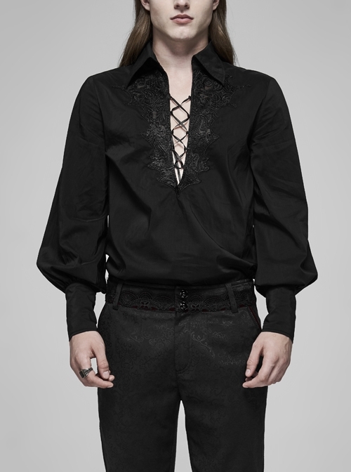 Front Chest Lace-Up Lantern Sleeve Button Cuff Black Gothic Shirt