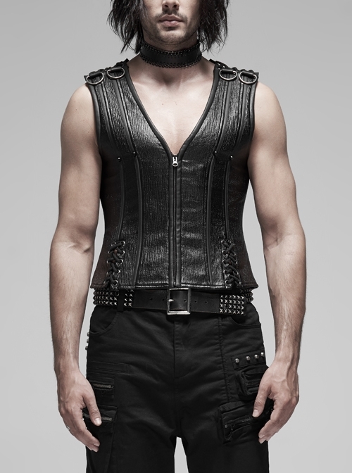 V-Neck Shoulder Metal D-Buckle Back Metal Eyelets Lace-Up Black Punk Vest