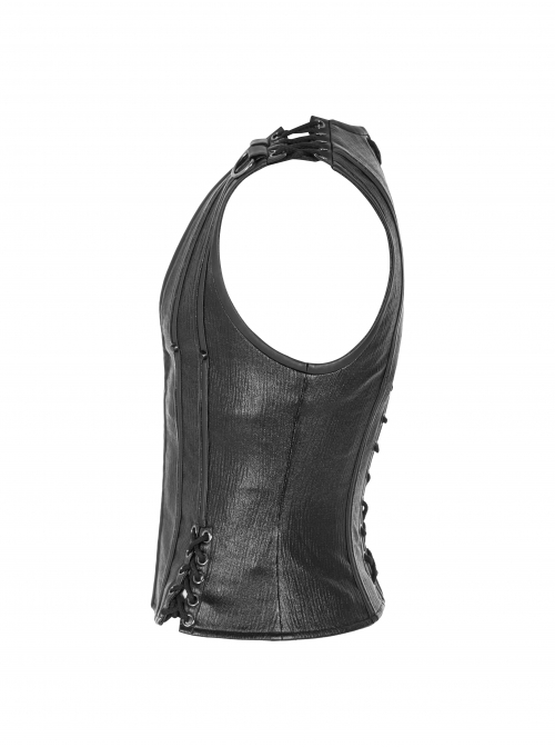 V-Neck Shoulder Metal D-Buckle Back Metal Eyelets Lace-Up Black Punk Vest