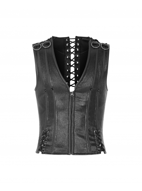 V-Neck Shoulder Metal D-Buckle Back Metal Eyelets Lace-Up Black Punk Vest