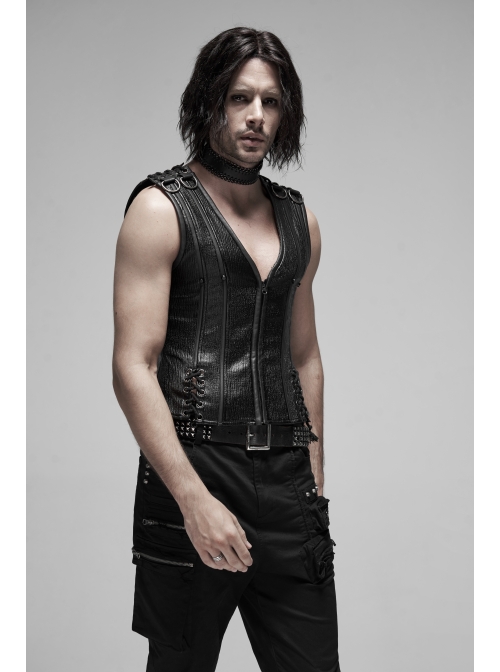 V-Neck Shoulder Metal D-Buckle Back Metal Eyelets Lace-Up Black Punk Vest