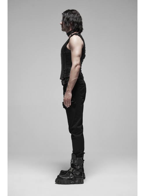 V-Neck Shoulder Metal D-Buckle Back Metal Eyelets Lace-Up Black Punk Vest