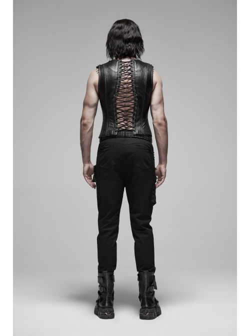 V-Neck Shoulder Metal D-Buckle Back Metal Eyelets Lace-Up Black Punk Vest