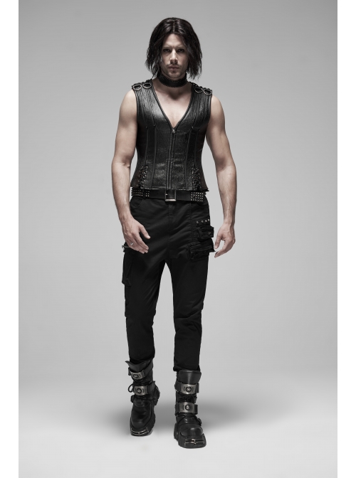 V-Neck Shoulder Metal D-Buckle Back Metal Eyelets Lace-Up Black Punk Vest