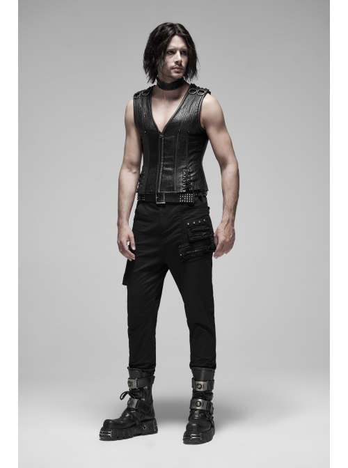 V-Neck Shoulder Metal D-Buckle Back Metal Eyelets Lace-Up Black Punk Vest