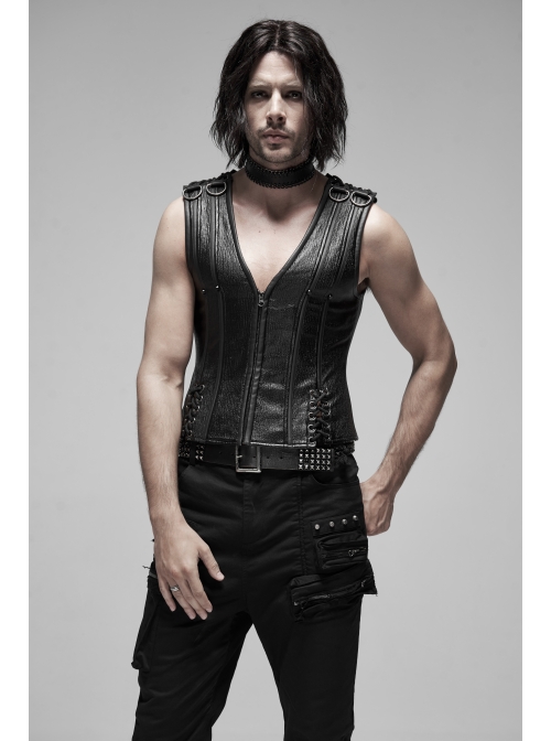 V-Neck Shoulder Metal D-Buckle Back Metal Eyelets Lace-Up Black Punk Vest
