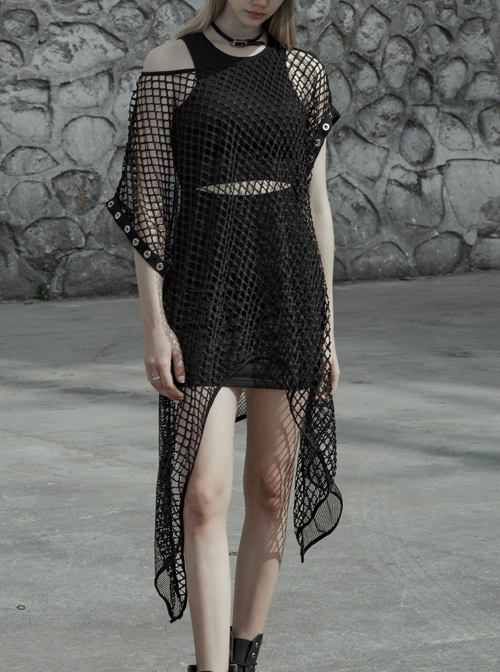 Steam Punk Female Black Mesh Hollow High Waist Irregular Hem Dress