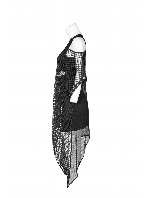 Steam Punk Female Black Mesh Hollow High Waist Irregular Hem Dress