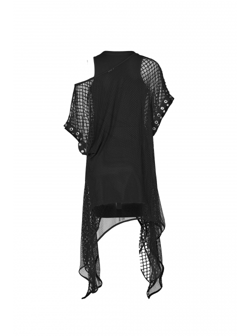 Steam Punk Female Black Mesh Hollow High Waist Irregular Hem Dress