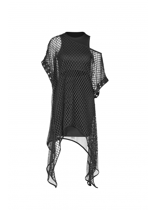 Steam Punk Female Black Mesh Hollow High Waist Irregular Hem Dress