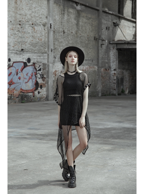 Steam Punk Female Black Mesh Hollow High Waist Irregular Hem Dress