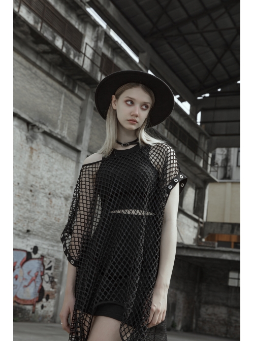 Steam Punk Female Black Mesh Hollow High Waist Irregular Hem Dress
