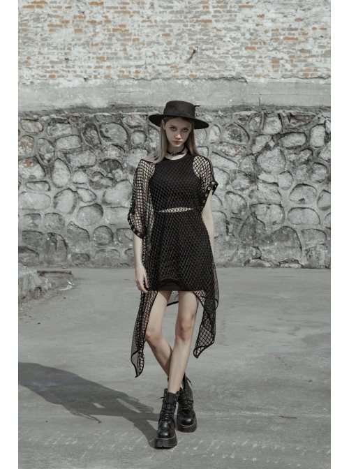 Steam Punk Female Black Mesh Hollow High Waist Irregular Hem Dress