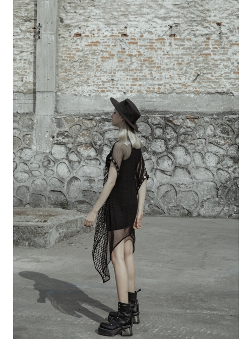 Steam Punk Female Black Mesh Hollow High Waist Irregular Hem Dress