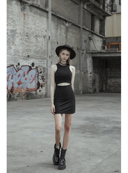 Steam Punk Female Black Mesh Hollow High Waist Irregular Hem Dress