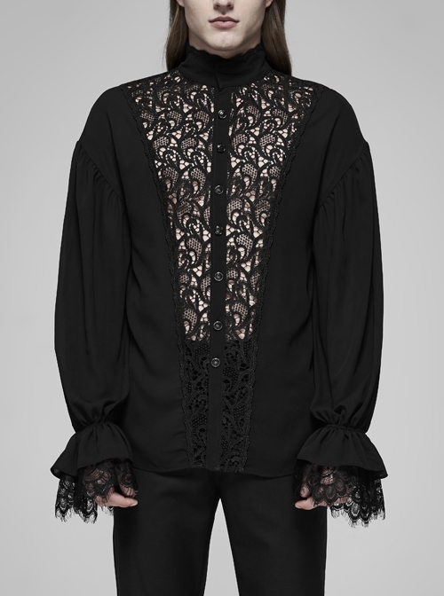 High Collar Front Hollow-Out Embroidery Lantern Sleeve Lace Cuff Black Gothic Light Woven Shirt