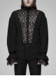 High Collar Front Hollow-Out Embroidery Lantern Sleeve Lace Cuff Black Gothic Light Woven Shirt