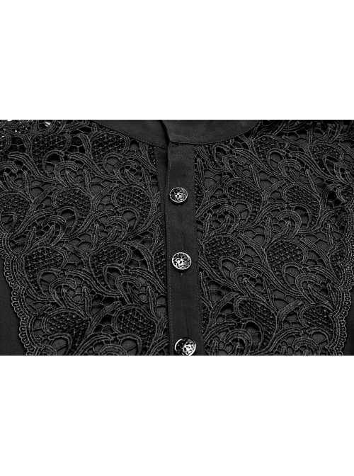 High Collar Front Hollow-Out Embroidery Lantern Sleeve Lace Cuff Black Gothic Light Woven Shirt
