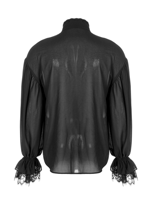 High Collar Front Hollow-Out Embroidery Lantern Sleeve Lace Cuff Black Gothic Light Woven Shirt