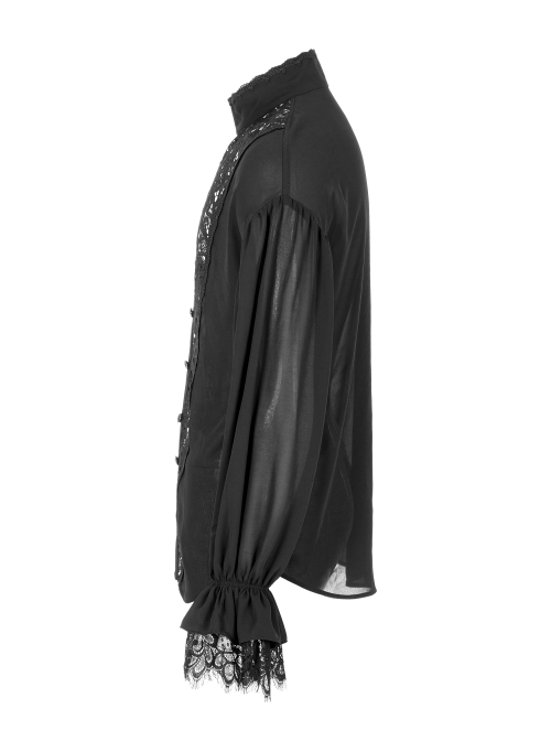 High Collar Front Hollow-Out Embroidery Lantern Sleeve Lace Cuff Black Gothic Light Woven Shirt
