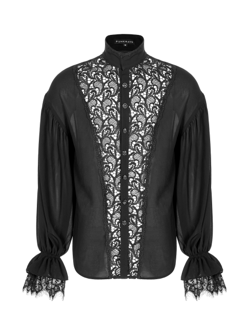 High Collar Front Hollow-Out Embroidery Lantern Sleeve Lace Cuff Black Gothic Light Woven Shirt