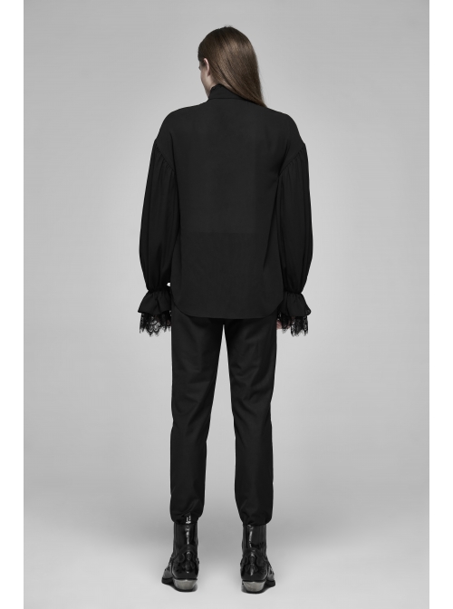 High Collar Front Hollow-Out Embroidery Lantern Sleeve Lace Cuff Black Gothic Light Woven Shirt