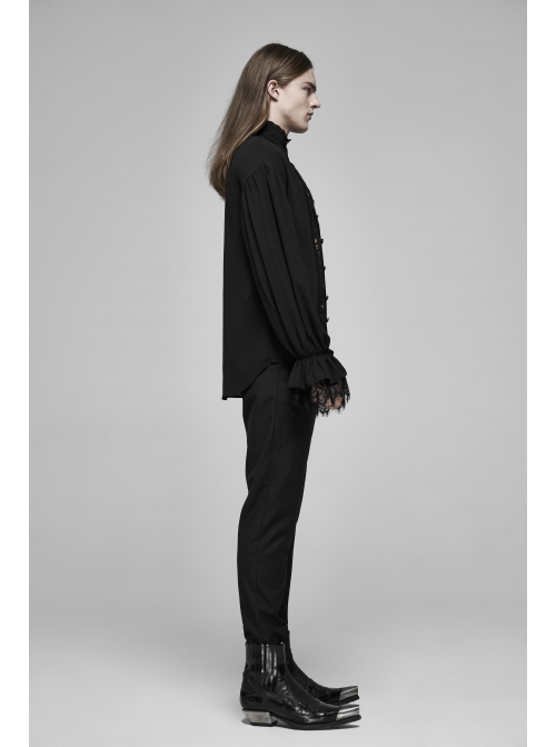 High Collar Front Hollow-Out Embroidery Lantern Sleeve Lace Cuff Black Gothic Light Woven Shirt