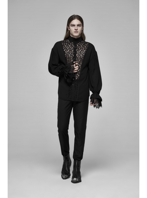 High Collar Front Hollow-Out Embroidery Lantern Sleeve Lace Cuff Black Gothic Light Woven Shirt