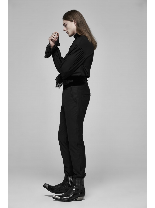 High Collar Front Hollow-Out Embroidery Lantern Sleeve Lace Cuff Black Gothic Light Woven Shirt
