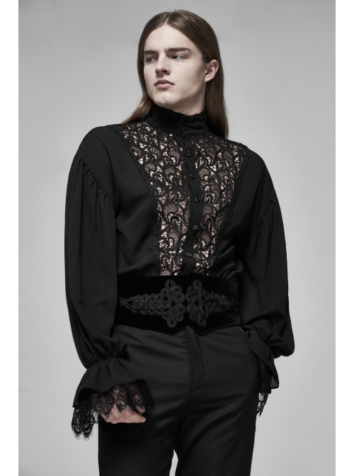 High Collar Front Hollow-Out Embroidery Lantern Sleeve Lace Cuff Black Gothic Light Woven Shirt