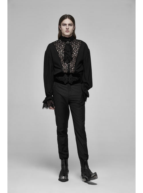 High Collar Front Hollow-Out Embroidery Lantern Sleeve Lace Cuff Black Gothic Light Woven Shirt