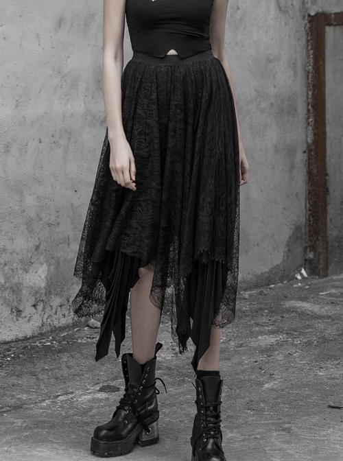 Steam Punk Female Chiffon Lace Irregular Hem Pleated Skirt