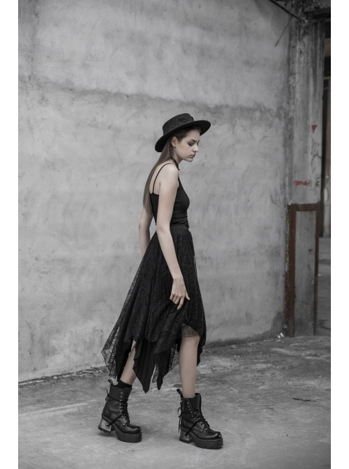 Steam Punk Female Chiffon Lace Irregular Hem Pleated Skirt