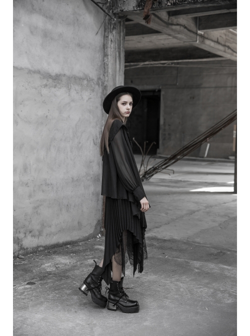 Steam Punk Female Chiffon Lace Irregular Hem Pleated Skirt