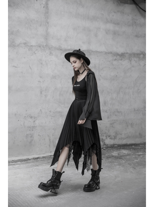 Steam Punk Female Chiffon Lace Irregular Hem Pleated Skirt