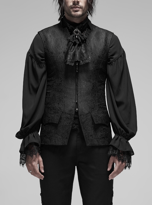 V-Neck Stand-Up Collar Back Hollow-Out Lace-Up Black Gothic Retro Three-Dimensional Jacquard Vest
