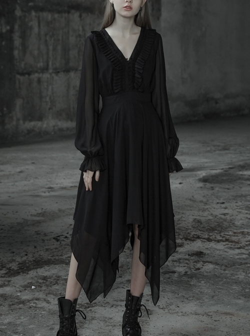 Gothic Female Black High Waist V-neck Long Chiffon Dress