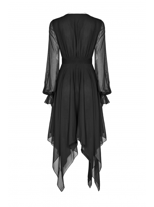 Gothic Female Black High Waist V-neck Long Chiffon Dress