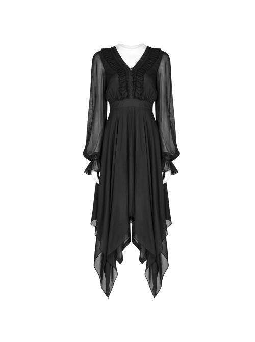 Gothic Female Black High Waist V-neck Long Chiffon Dress