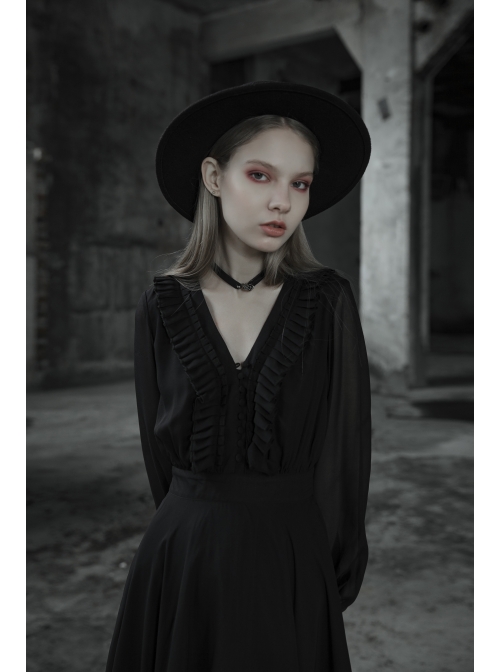 Gothic Female Black High Waist V-neck Long Chiffon Dress