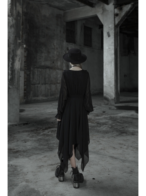 Gothic Female Black High Waist V-neck Long Chiffon Dress