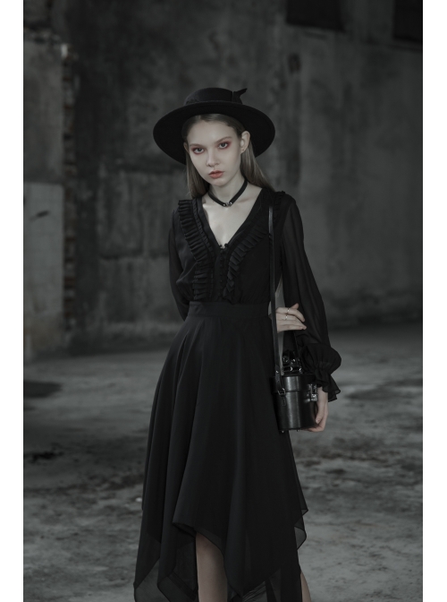 Gothic Female Black High Waist V-neck Long Chiffon Dress