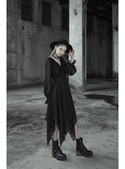 Gothic Female Black High Waist V-neck Long Chiffon Dress