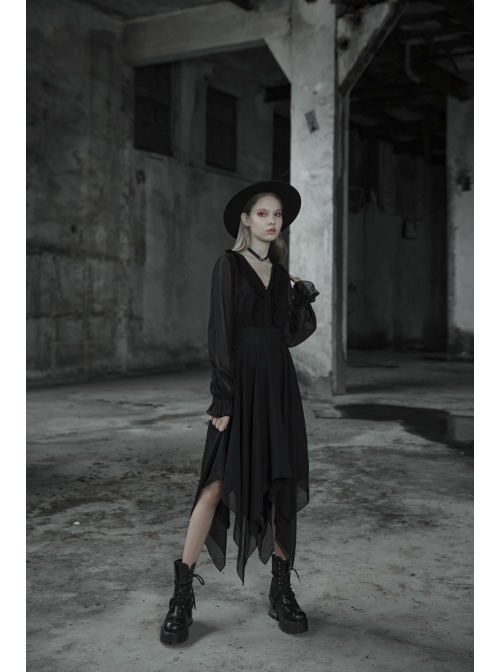 Gothic Female Black High Waist V-neck Long Chiffon Dress