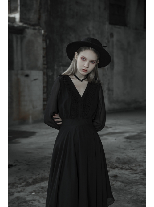 Gothic Female Black High Waist V-neck Long Chiffon Dress